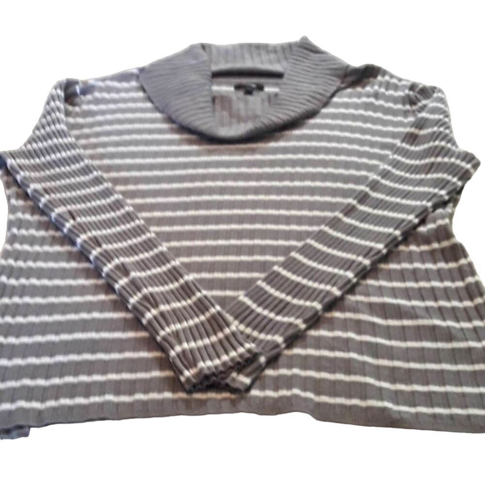 Womens Sz XL Gray White Striped Ribbed Cowl Neck Lightweight Preppy Sweater